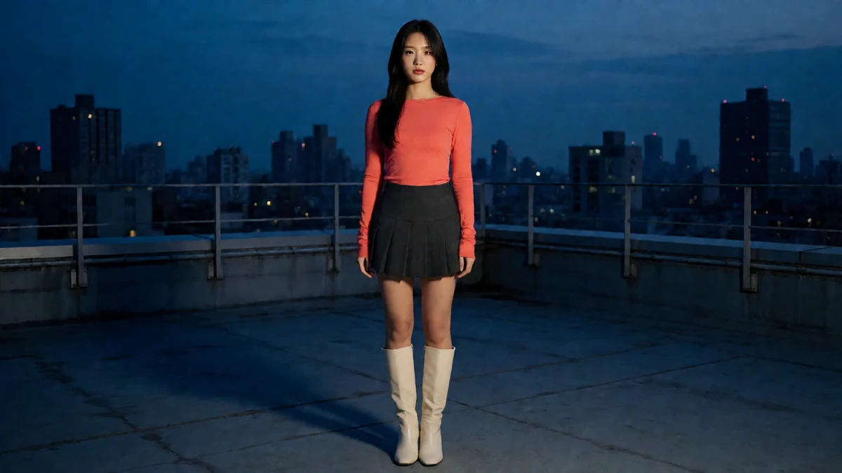 美人志屋顶夜景主题图，成年女性穿橘色上衣、黑色短裙和白色长靴，站在夜色中的天台