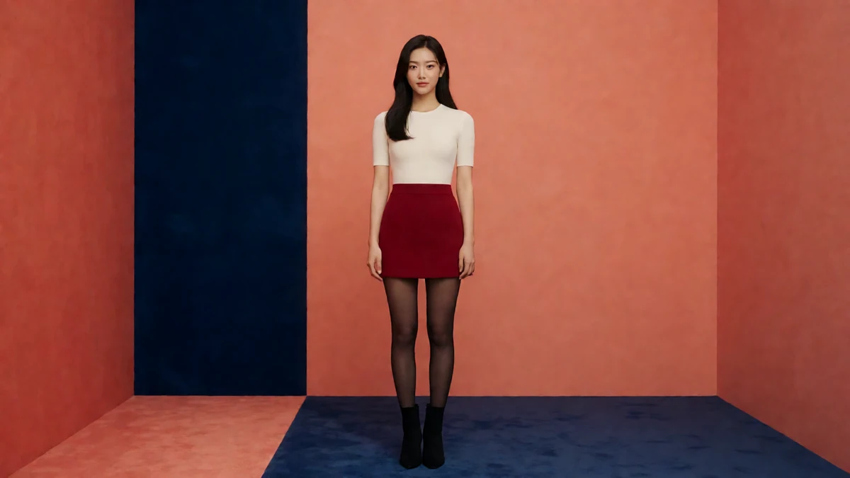 美人志红蓝背景主题图，成年女性穿白色上衣、酒红短裙和黑丝袜，站在双色背景前
